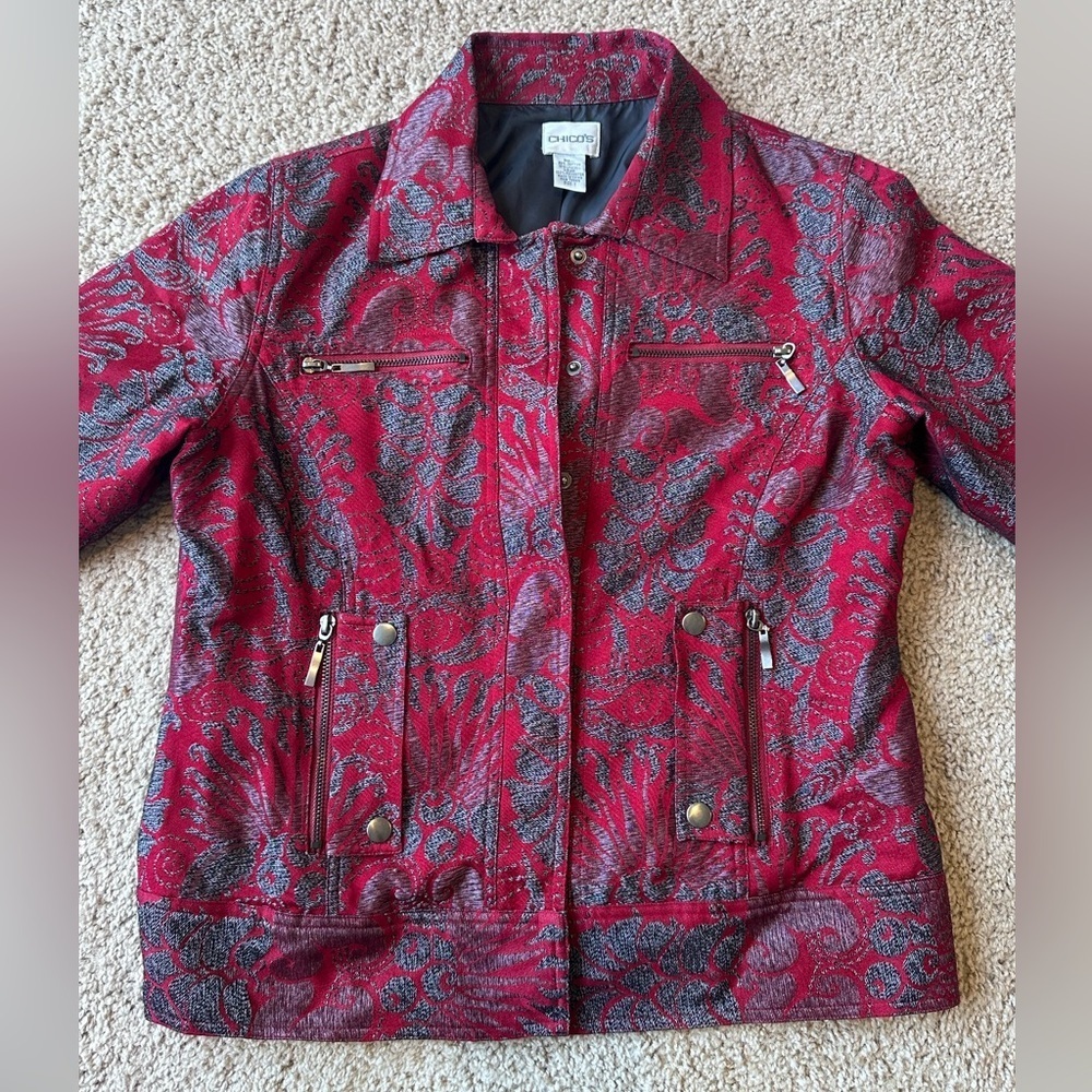 Chico's Vibrant Red and Gray Jean Jacket